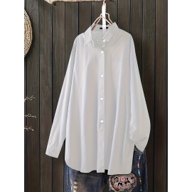 Solid Button Front Curved Hem Shirt, Casual Long Sleeve Shirt For Spring & Fall, Women's Clothing