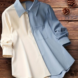 Colorblock Polo Collar Button Shirt, Casual Long Sleeve Shirt For Spring & Fall, Women's Clothing