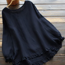 Ruffle Hem Solid Blouse, Casual Crew Neck Long Sleeve Blouse, Women's Clothing