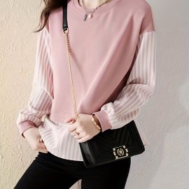 Contrast Striped Crew Neck Blouse, Elegant Long Sleeve Split Side Blouse For Spring & Fall, Women's Clothing