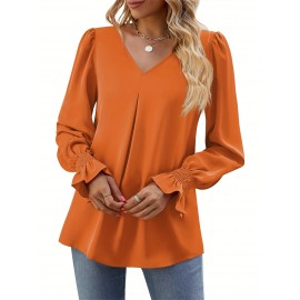 Solid V Neck Simple Blouse, Elegant Long Sleeve Ruched Blouse, Women's Clothing