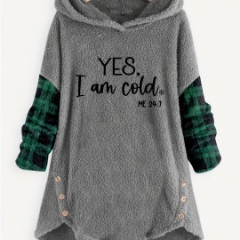 Letter Print Fleece Loose Hoodie, Casual Button Long Sleeve Warm Sweatshirt, Women's Clothing