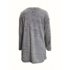 Letter Print Patched Pockets Sweatshirt, Casual Drop Shoulder Button Decor Plush Sweatshirt, Women's Clothing