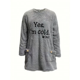 Letter Print Patched Pockets Sweatshirt, Casual Drop Shoulder Button Decor Plush Sweatshirt, Women's Clothing