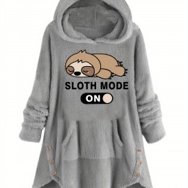 Animal Print Kangaroo Pocket Teddy Hoodie, Casual Long Sleeve Button Hoodie Sweatshirt, Women's Clothing