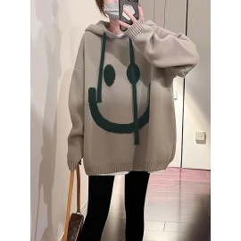 Smile Face Print Drawstring Hoodie, Casual Long Sleeve Drop Shoulder Top, Women's Clothing