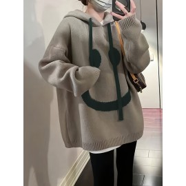 Smile Face Print Drawstring Hoodie, Casual Long Sleeve Drop Shoulder Top, Women's Clothing