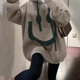 Smile Face Print Drawstring Hoodie, Casual Long Sleeve Drop Shoulder Top, Women's Clothing