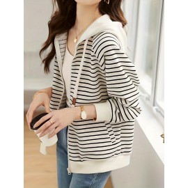 Striped Zip Up Hoodie, Casual Long Sleeve Drawstring Hoodies Sweatshirt, Women's Clothing