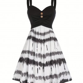 Tie Dye Print Fake Button Dress, Casual Sleeveless Backless For Summer, Women's Clothing