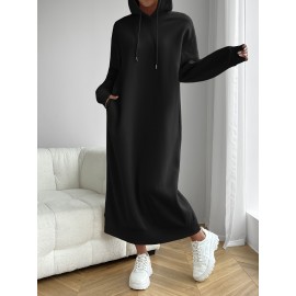 Solid Drawstring Hooded Dress, Casual Long Sleeve Loose Dress, Women's Clothing