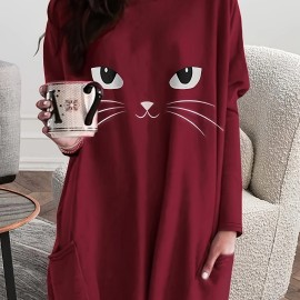 Cat Print Crew Neck Baggy Dress, Casual Long Sleeve Pocket Dress For Spring & Fall, Women's Clothing