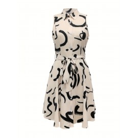 Abstract Print Button Front Sleeveless Dress, Casual Tie-waist Lapel Dress For Spring & Summer, Women's Clothing
