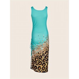 Leopard Print Drawstring Dress, Sexy Crew Neck Sleeveless Maxi Dress, Women's Clothing