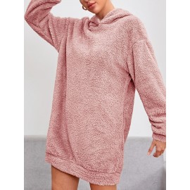 Solid Hooded Plush Dress, Casual Long Sleeve Warm Dress For Fall & Winter, Women's Clothing