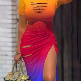 Cut Out Drawstring Dress, Sexy Bodycon Split Short Sleeve Dress, Women's Clothing