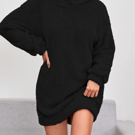Hooded Teddy Dress, Casual Solid Long Sleeve Warm Dress, Women's Clothing