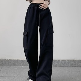 Solid Flap Pocket Loose Cargo Sweatpants, Casual Drawstring Pants For Spring & Fall, Women's Clothing