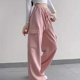 Solid Flap Pocket Loose Cargo Sweatpants, Casual Drawstring Pants For Spring & Fall, Women's Clothing