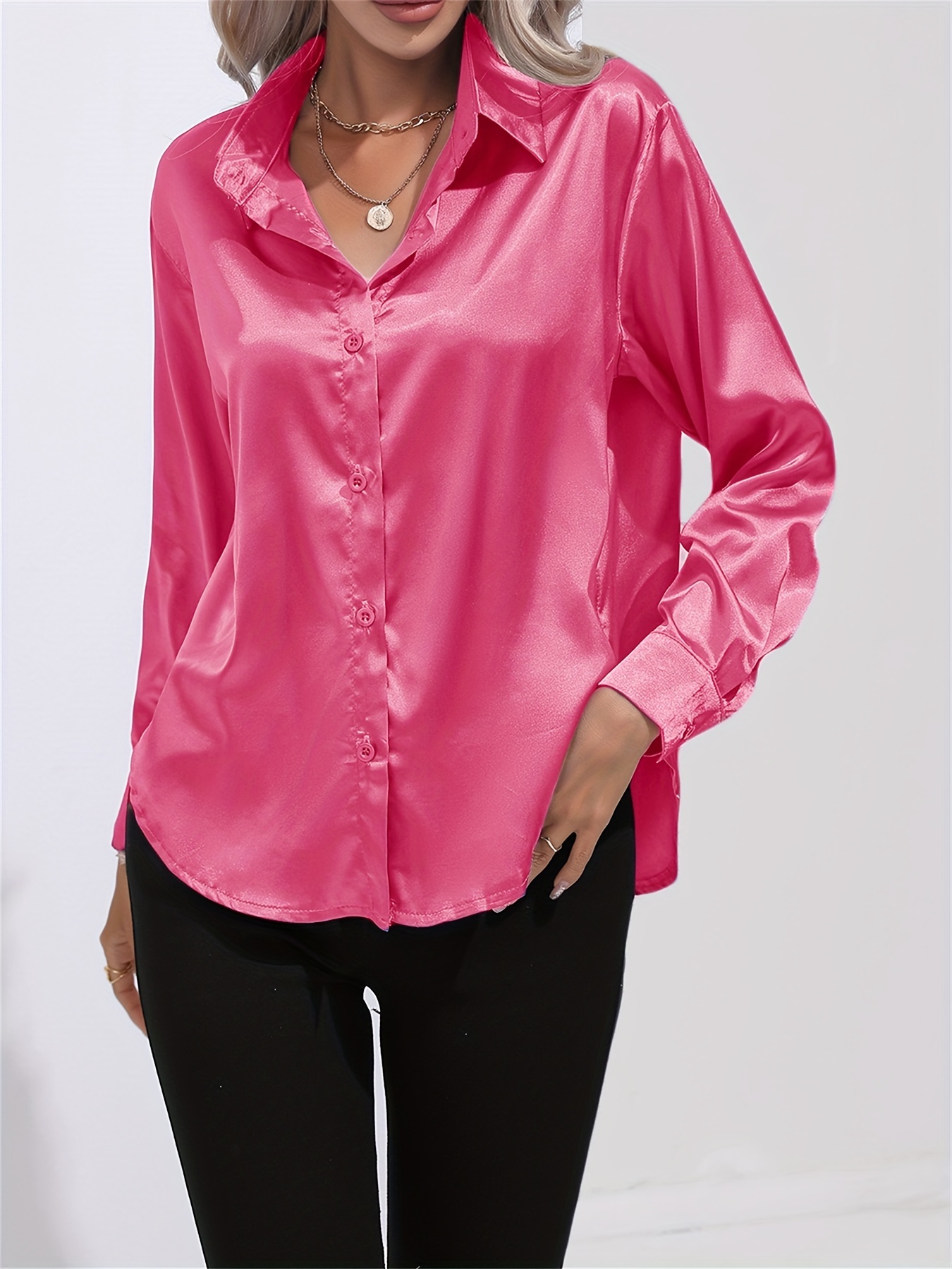 solid smoothly shirt, solid smoothly shirt elegant button front turn down collar long sleeve shirt womens clothing details 95