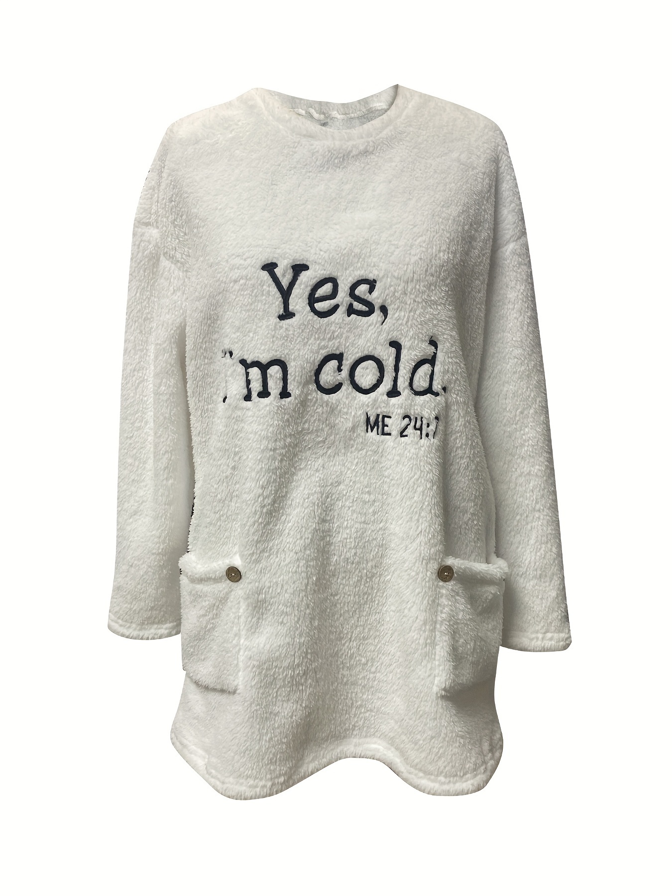 letter print patched pockets sweatshirt casual drop shoulder button decor plush sweatshirt womens clothing details 12